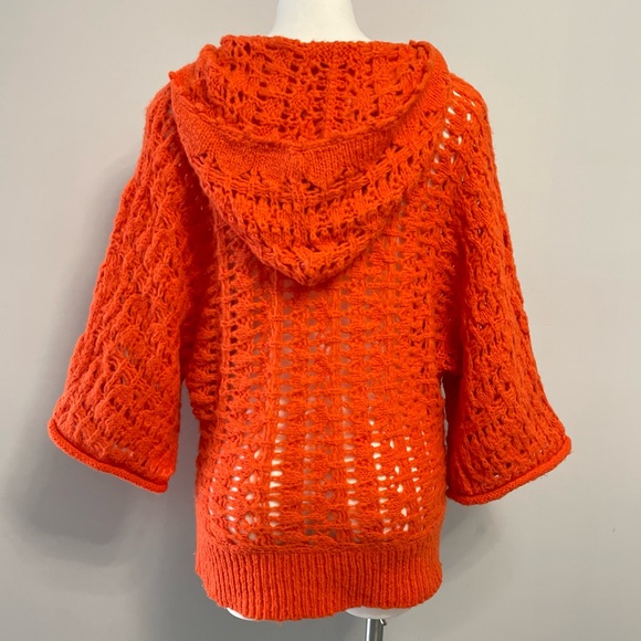 Free People Hooded Open Knit Dolman Sweater Orange Wool Blend Crochet Pullover M - Picture 5 of 16